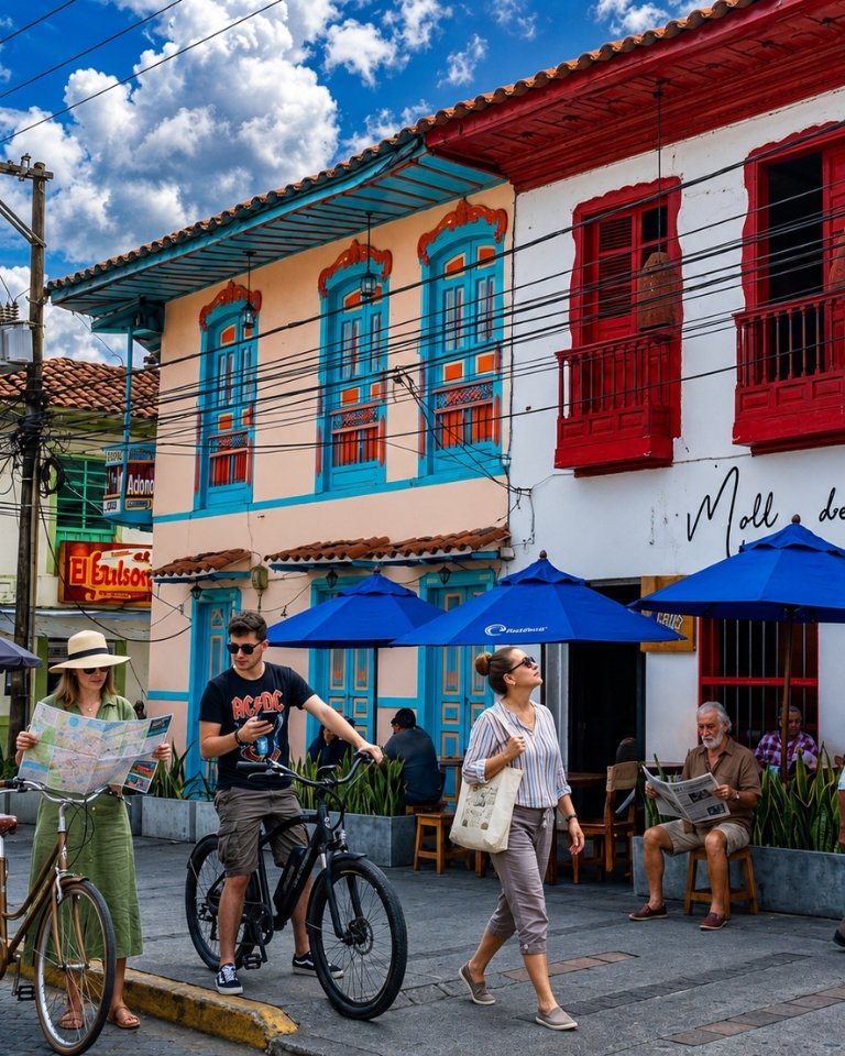 Fachada tradicional de arquitectura cafetera con balcones de madera de colores, sombrillas de terraza y personas paseando por las calles de Circasia, Quindío.