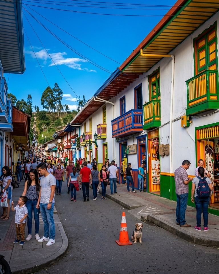 Vista panorámica de la emblemática Calle Real de Salento en Quindío, con fachadas tradicionales de colores vivos, balcones de madera artesanal y turistas recorriendo el Eje Cafetero.