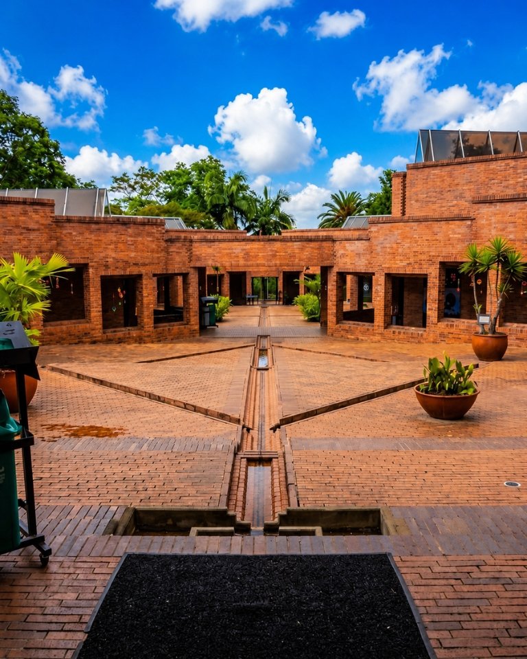 Patio interior con arquitectura de ladrillo rojo, fuentes de agua y vegetación en el Museo del Oro Quimbaya en Armenia, Quindío.