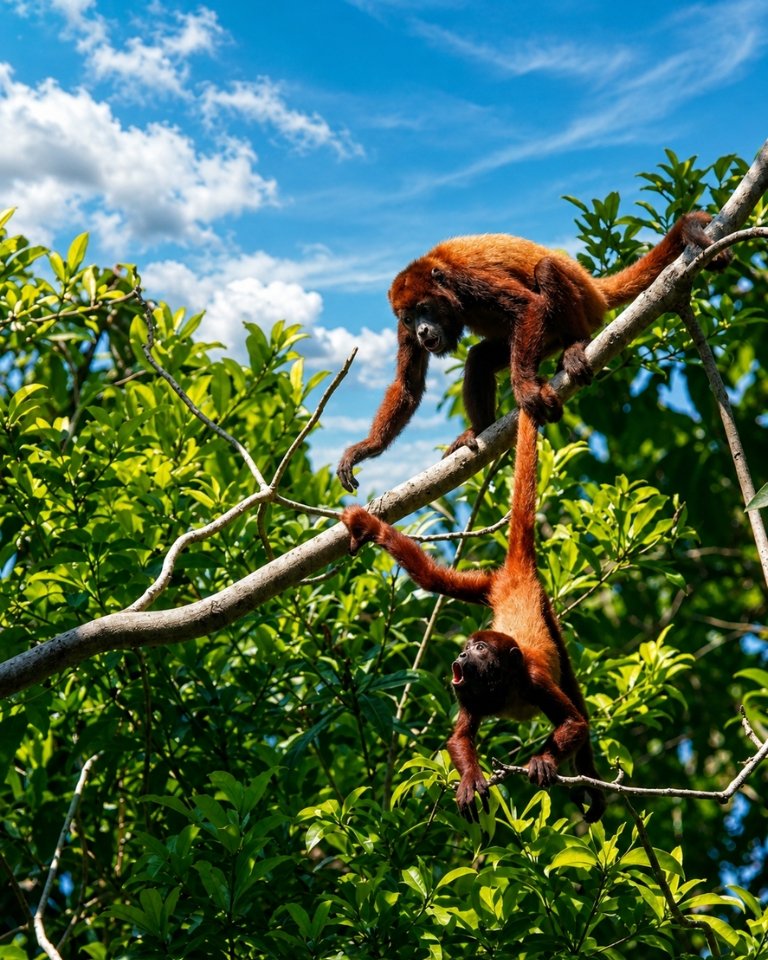Dos monos aulladores rojos interactuando sobre las ramas de los árboles con cielo azul de fondo en la Reserva Natural Barbas-Bremen, Circasia, Quindío.