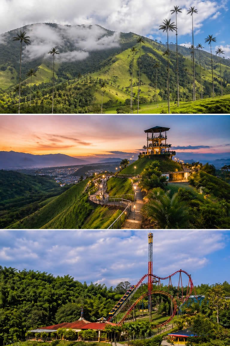 Fotos de los Pueblos del Quindio para visitar: Salento Valle de Cocora, Mirador Colina iluminada en Filandia y Parque del Café en Montenegro