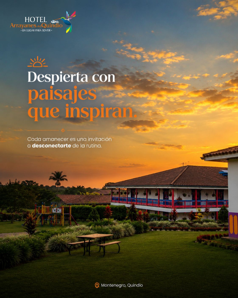Hotel Arrayanes del Quindío rodeado de jardines durante un amanecer en Montenegro, Quindío.