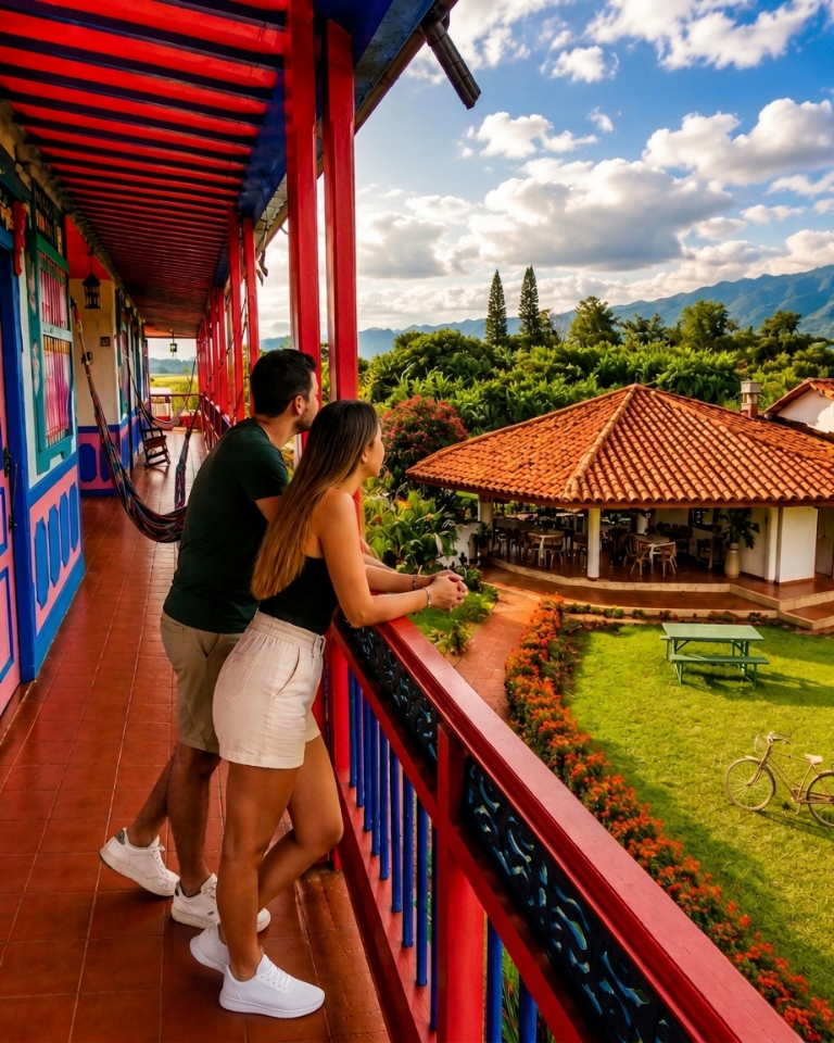 Pareja disfrutando del paisaje desde un hotel campestre durante un viaje al Quindío.