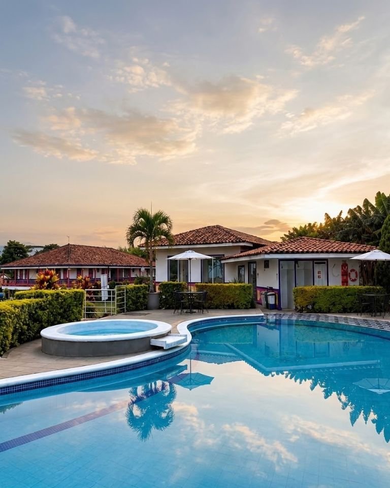 Piscina de Hotel Arrayanes al atardecer en el Quindío